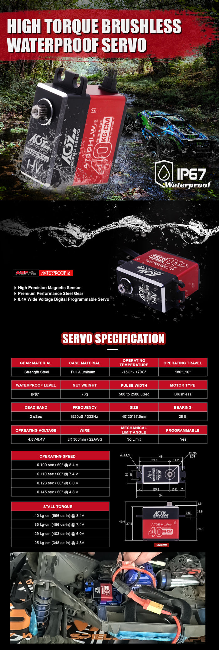 AGF A73 V2 40KG Brushless HV Programmable Magnetic Sensor Servo