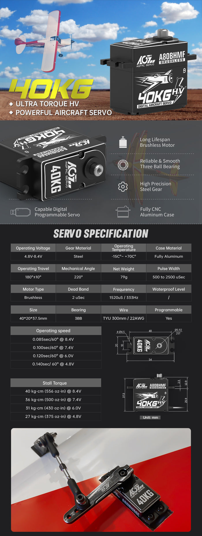 AGF RC A80BHMF CNC 40kg 0.085sec Brushless servo