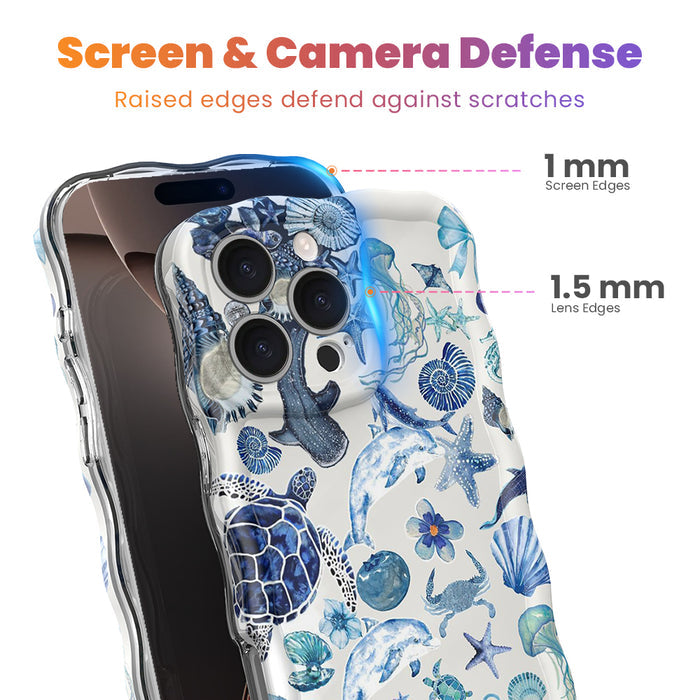 Blue Lagoon nautical watercolor MagSafe phone grip ring with sea turtles, whales, and jellyfish in shades of blue on a white background compatible with iPhone and Samsung