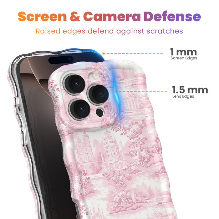 Trendy blush pink and white wavy iPhone case featuring a classical Toile de Jouy estate and landscape pattern with a high-gloss finish.