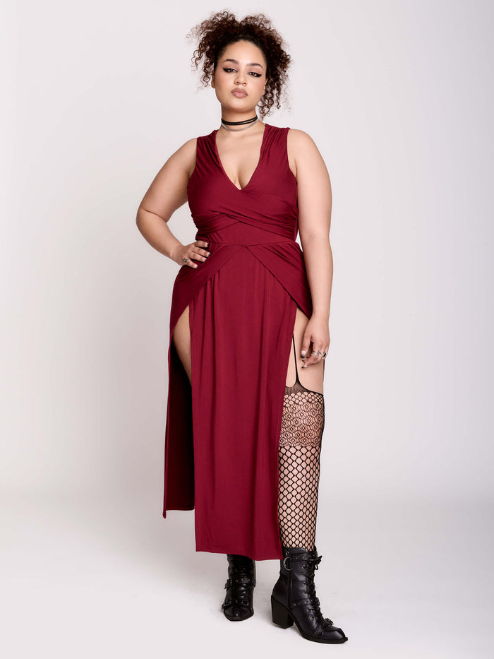 burgundy twist front dress