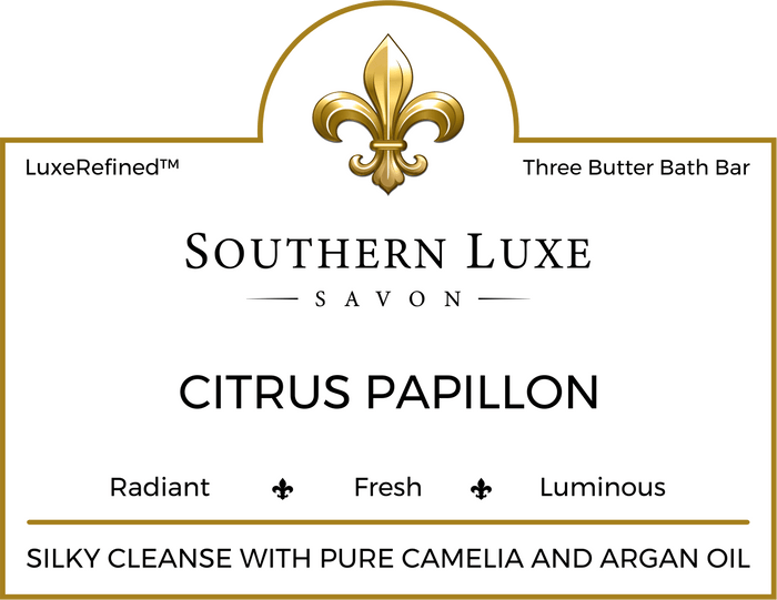 Citrus Papillon handmade luxury citrus bath bar label with bergamot, neroli, and camellia oil by Southern Luxe Savon