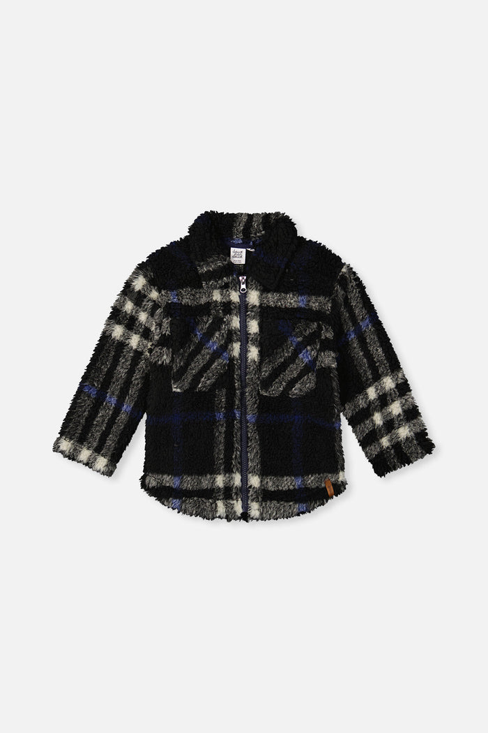 Deux Par Deux Zipped Overshirt in Black And Blue Plaid