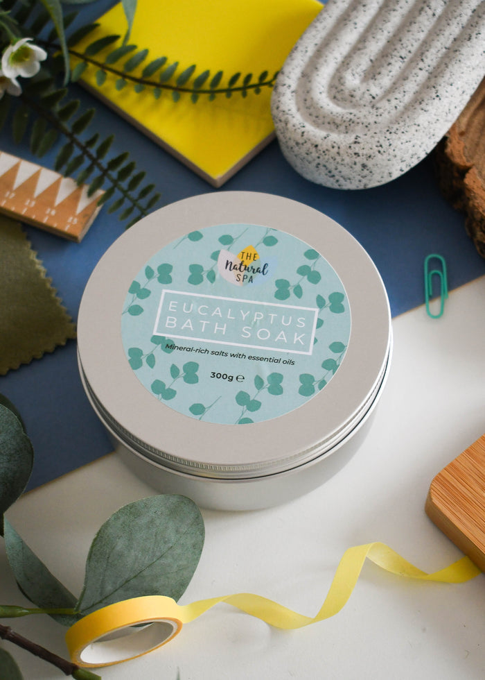 eucalyptus bath soak tin, bath salts, me time, self-care, vegan, plastic-free