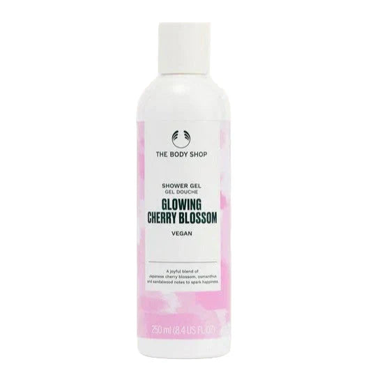 Shower gel bottle with pink label on a white background