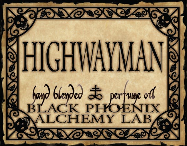 Label for 'Highwayman' perfume oil by Black Phoenix Alchemy Lab with decorative border.
