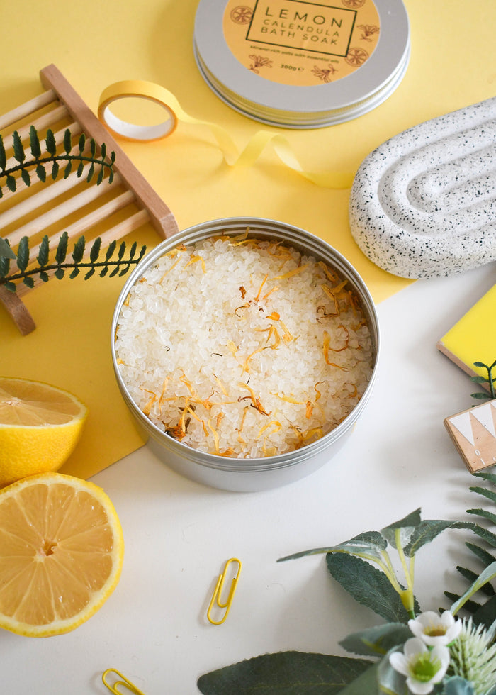 lemon calendula bath soak tin, bath salts, me time, self-care, vegan, plastic-free