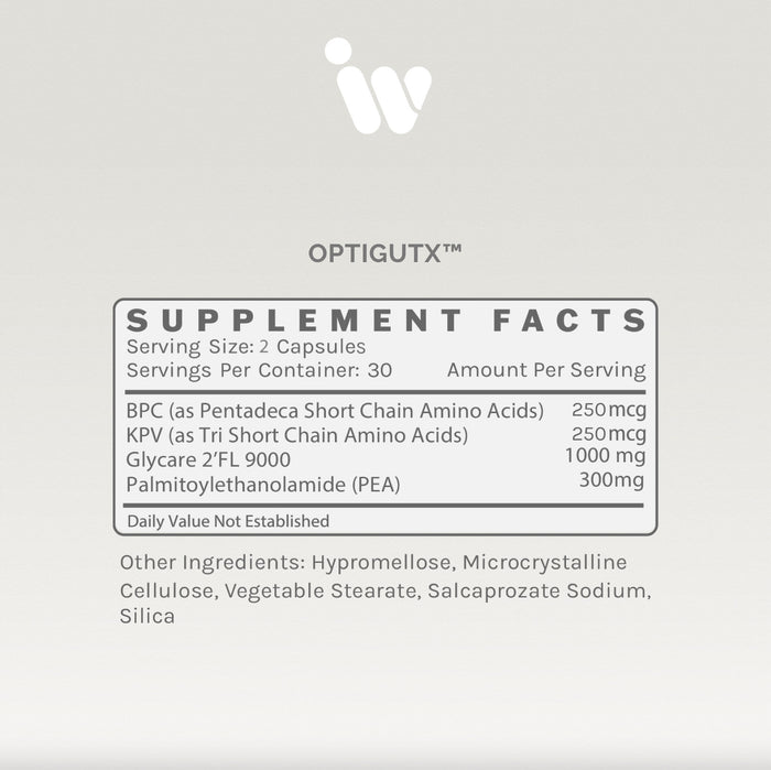 OPTIGUTx supplement facts panel showing serving size, ingredients, dosage information, and other ingredients
