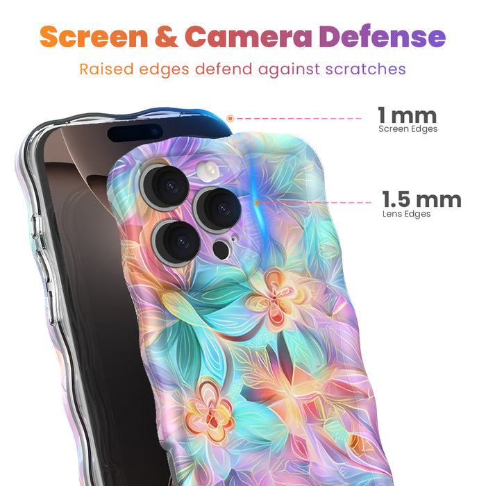Trendy wavy iPhone case featuring an iridescent swirly pattern in pastel pink, blue, yellow, and lavender with a high-gloss finish.