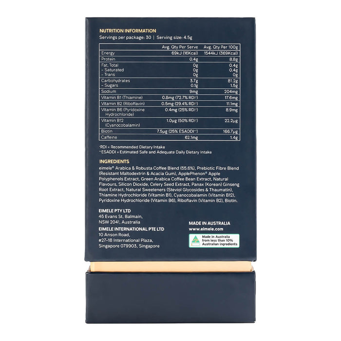 Back of eimele Pro-Tabolism Plus Coffee box, showing nutrition information and ingredients.