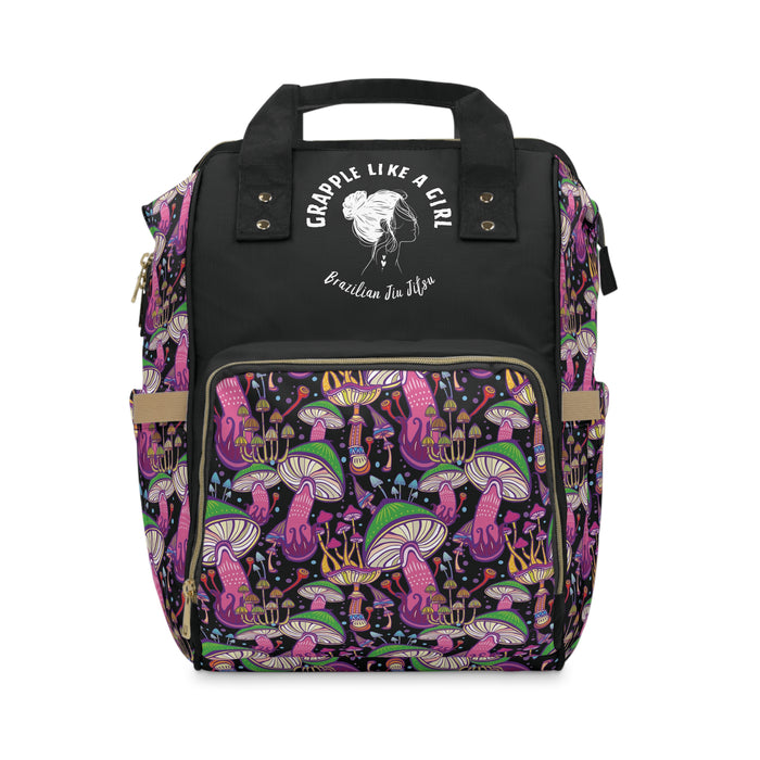Backpack with mushroom pattern and visible brand logo on a white background