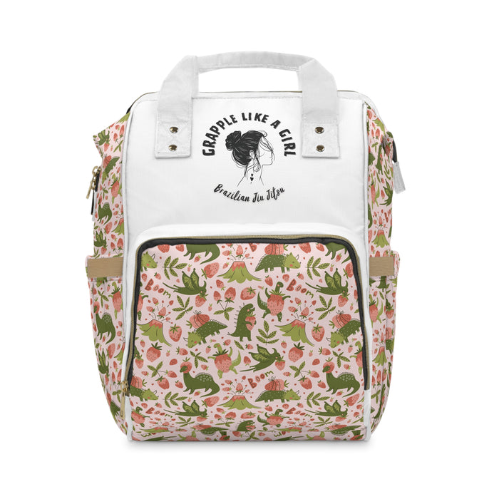 Floral patterned backpack with white top section on a white background