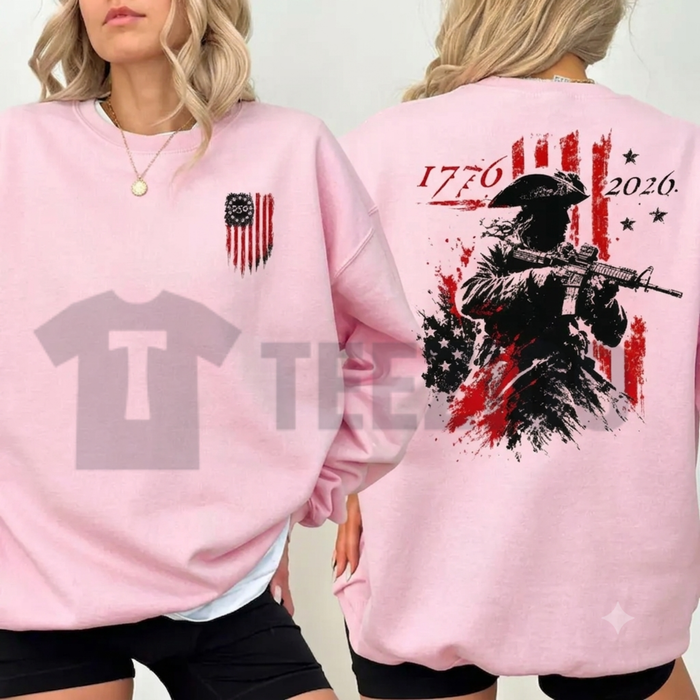 250th Anniversary Distressed American Flag 2-Sided Shirt: 1776-2026 Revolutionary Soldier Tee - teezioo.