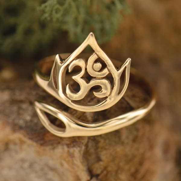 Adjustable Openwork Lotus and Om Ring-Bronze
