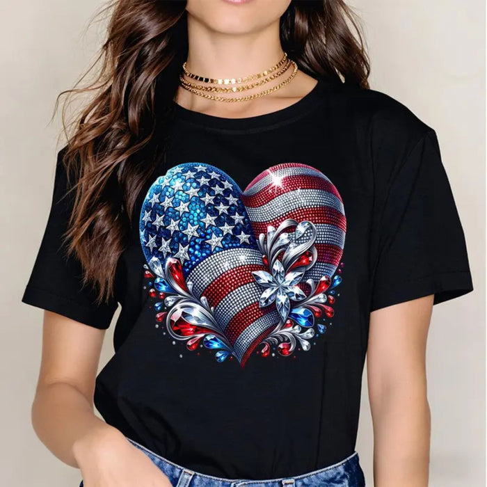 American Flag Heart T-Shirt – Patriotic USA Graphic Tee, Red White and Blue Unisex Cotton Shirt - Teezioo
