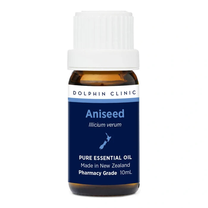 Aniseed essential oil bottle with blue label on a white background