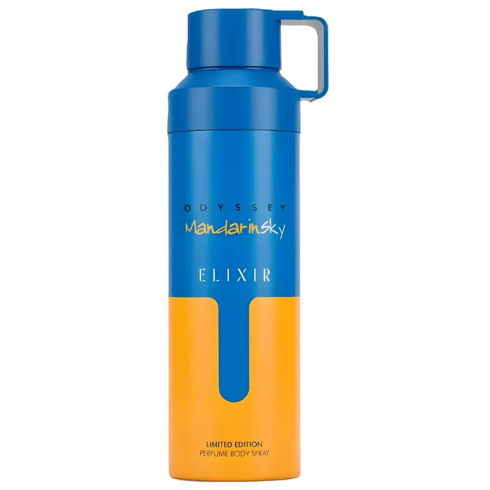Blue and orange bottle with 'Odyssey Mandarin Sky' branding on a white background