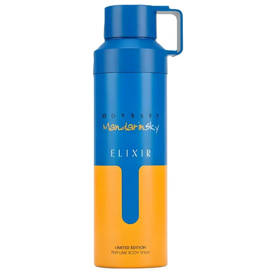 Blue and orange bottle with 'Odyssey Mandarin Sky' branding on a white background