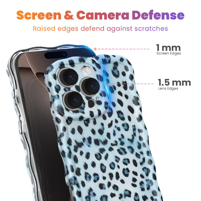 Trendy light blue wavy iPhone case featuring a high-contrast leopard print in dark blue and sapphire with a high-gloss finish.