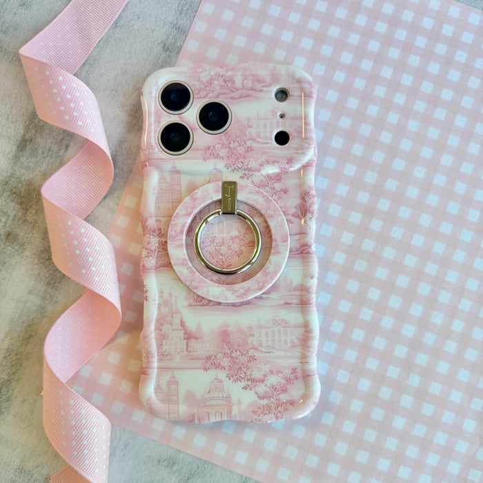 Trendy blush pink and white wavy iPhone case featuring a classical Toile de Jouy estate and landscape pattern with a high-gloss finish.