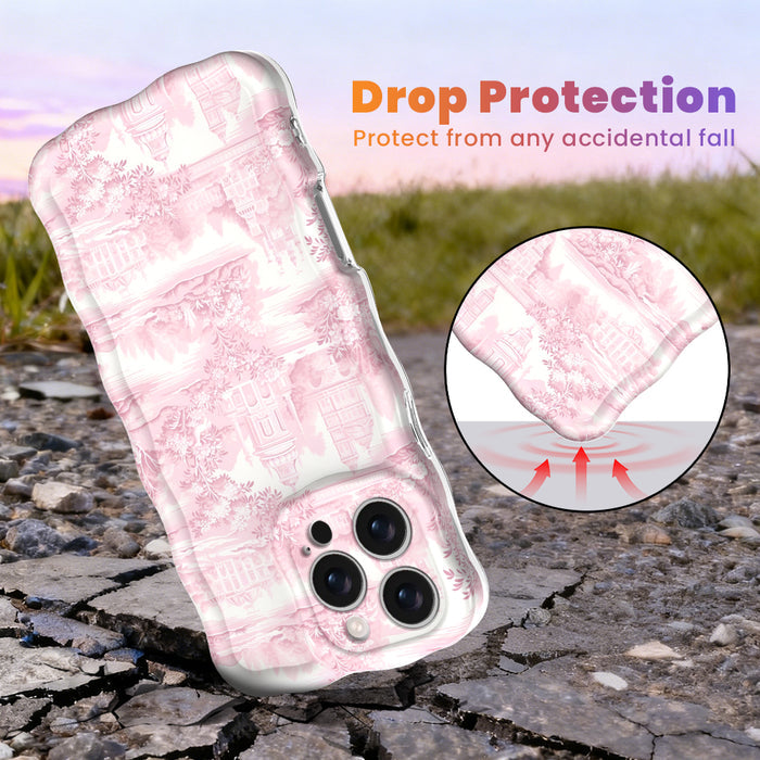 Trendy blush pink and white wavy iPhone case featuring a classical Toile de Jouy estate and landscape pattern with a high-gloss finish.