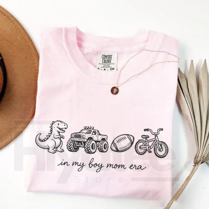 Boy Mom Era Graphic T-Shirt – Trendy Sports Mama Tee, Cute Dino & Truck Theme Shirt for Moms