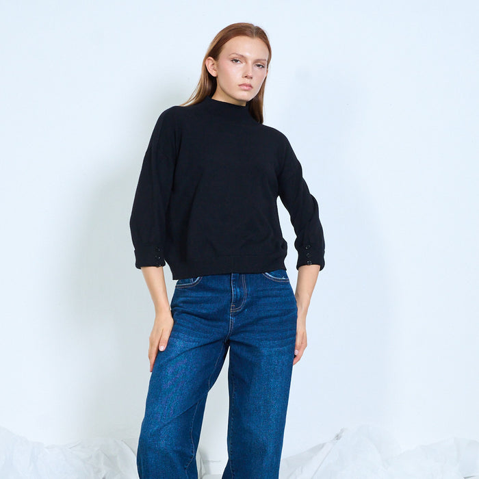 Button cuff mock neck knit sweater wholesale