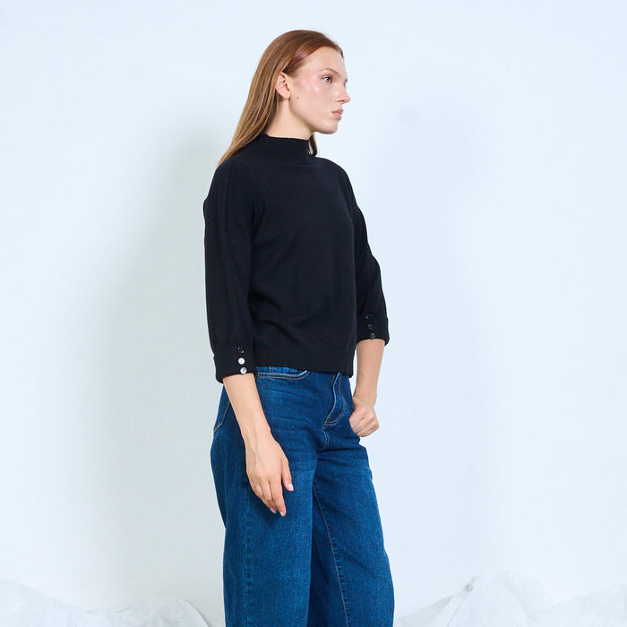 Button cuff mock neck knit sweater wholesale