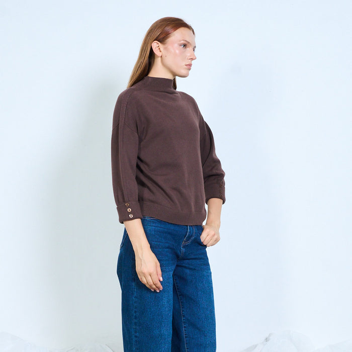 Button cuff mock neck knit sweater wholesale