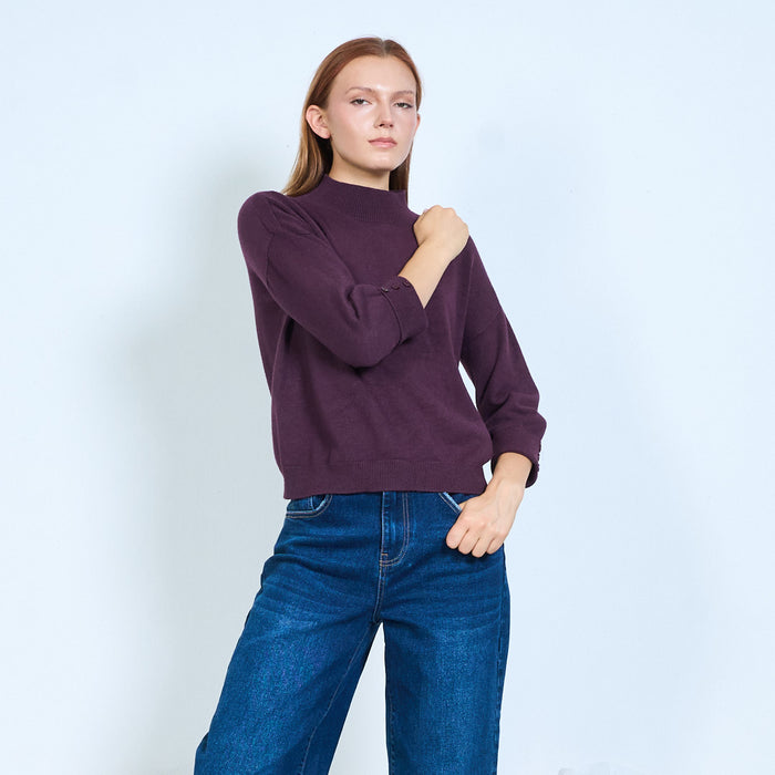 Button cuff mock neck knit sweater wholesale