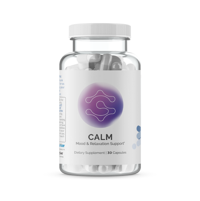 InfiniWell CALM mood support supplement bottle with 30 capsules on transparent background.