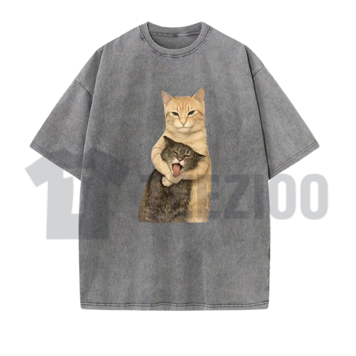 Front view of Cat Quarrel Moment T-Shirt in a faded vintage washed street apparel style - teezioo