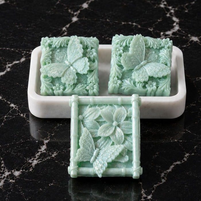 Artistic Citrus Papillon butterfly guest soaps handcrafted by Southern Luxe Savon with green tea, argan oil, basil and citrus