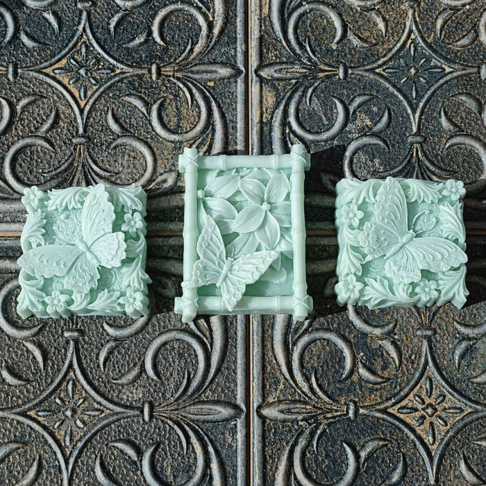 Three natural handmade luxury butterfly guest soaps with green tea, camellia oil, and argan oil by Southern Luxe Savon