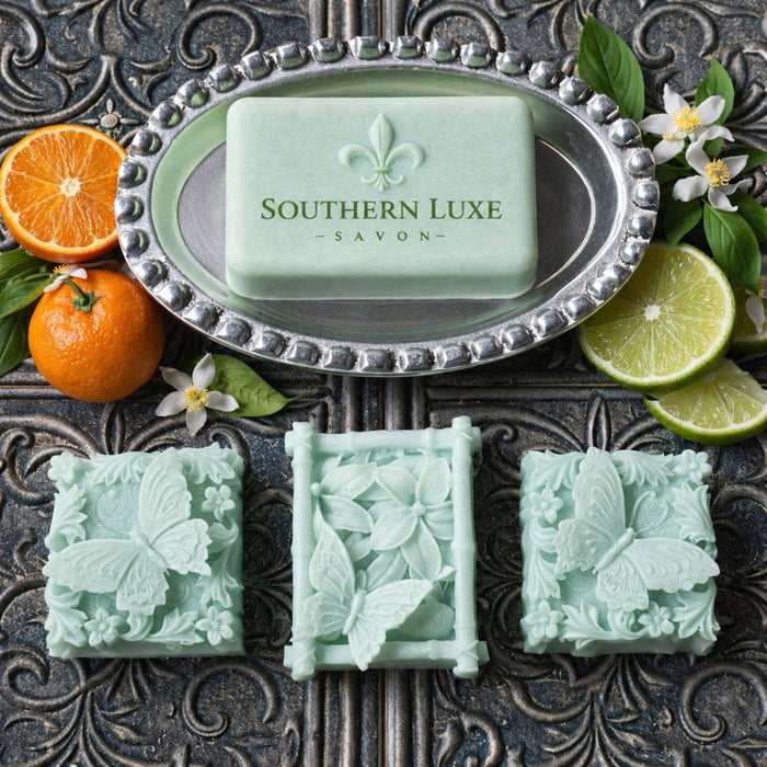 Citrus Papillon luxury bath bar with handcrafted butterfly guest soaps by Southern Luxe Savon with green tea and argan oil