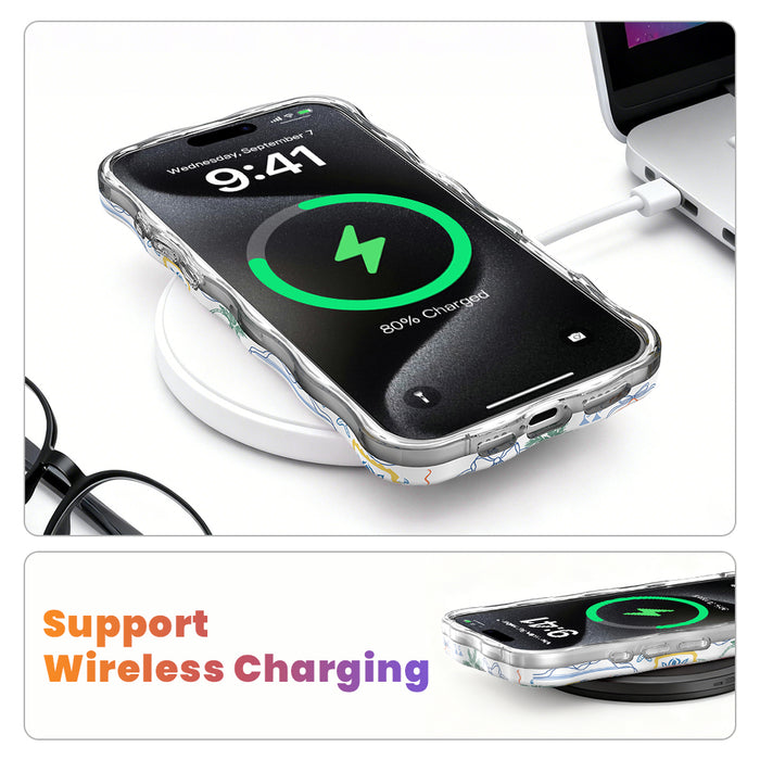 Trendy blue and white wavy iPhone case featuring a nautical collage of orange lobsters, crabs, lemons, and palm trees with a high-gloss finish.