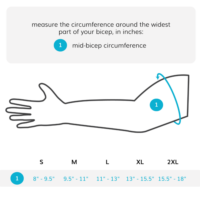 Our tennis elbow compression arm sleeve sizing chart comes in five sizes small, medium, large, extra large and two x large