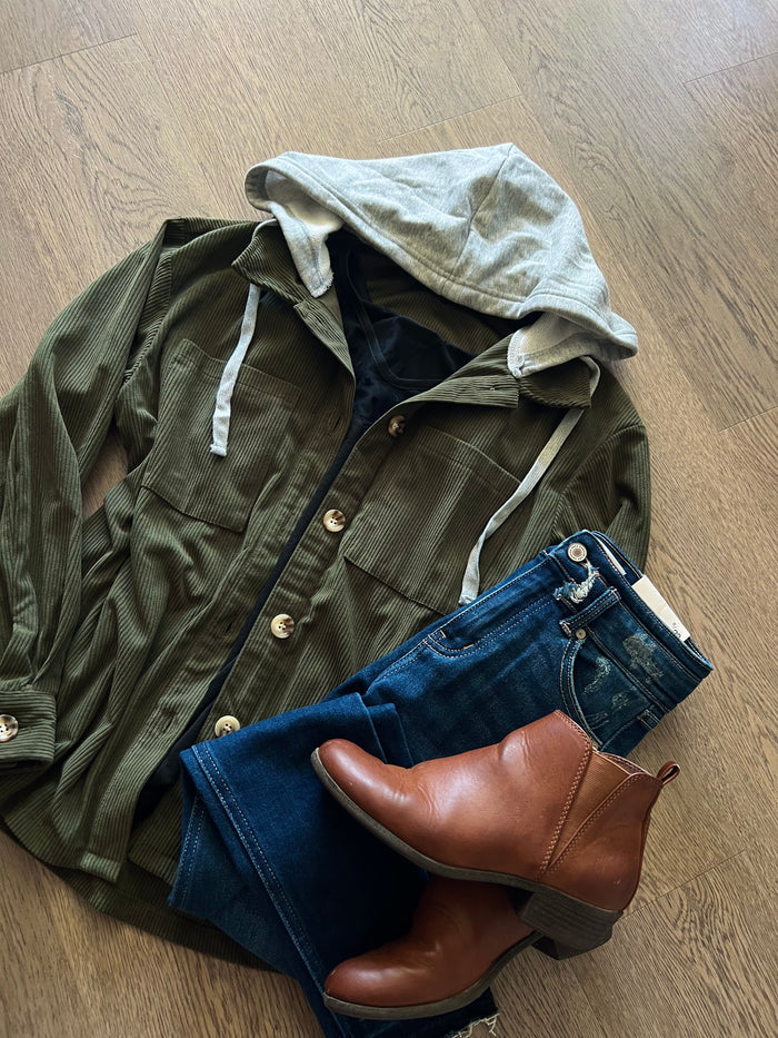 Cord Drawstring Button Up Hooded Shacket