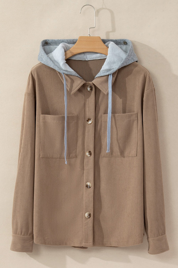Cord Drawstring Button Up Hooded Shacket