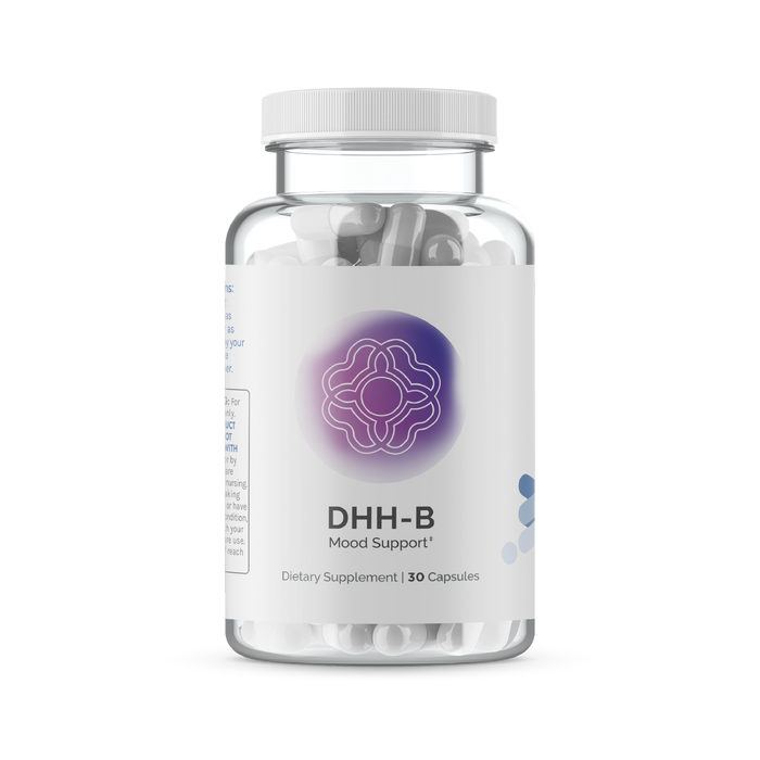 InfiniWell DHH-B Mood Support dietary supplement bottle with white capsules visible through clear bottle, front label.