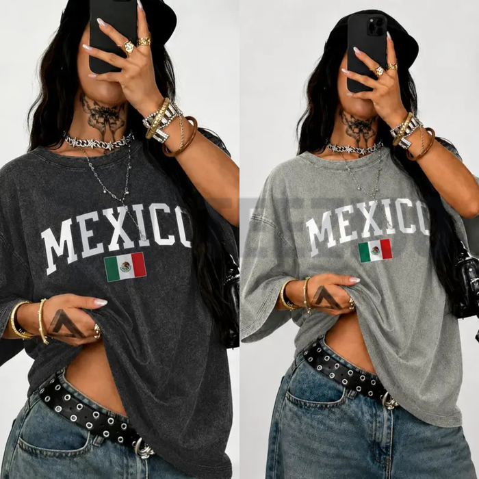 Front view of Distressed Mexico Retro Snow Washed Graphic T-Shirt - dogmomhat