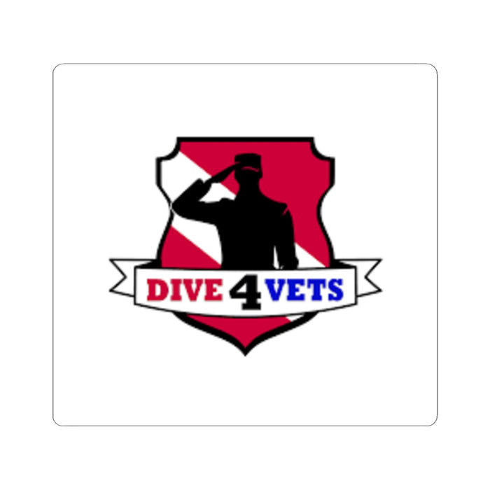 Logo with a silhouette of a person saluting and text 'DIVE 4 VETS' on a red and white background.