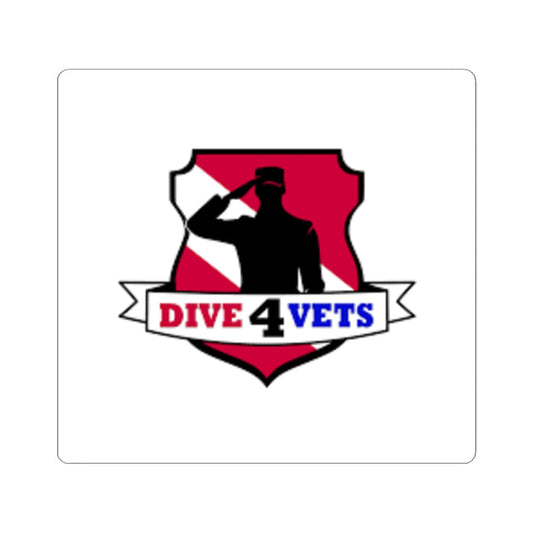 Logo with a silhouette of a person saluting and text 'DIVE 4 VETS' on a red and white background.