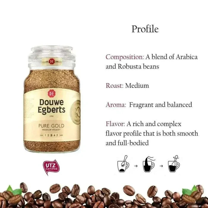 Douwe Egberts Pure Gold Instant Coffee 200g jar with smooth balanced flavor and rich aroma