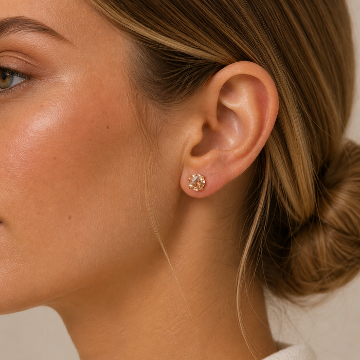 Earrings-Round CZ- Champagne - Gold