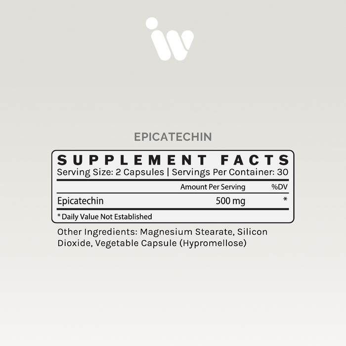Supplement Facts panel for Infiniwell Epicatechin showing serving size, 500 mg epicatechin and other ingredients