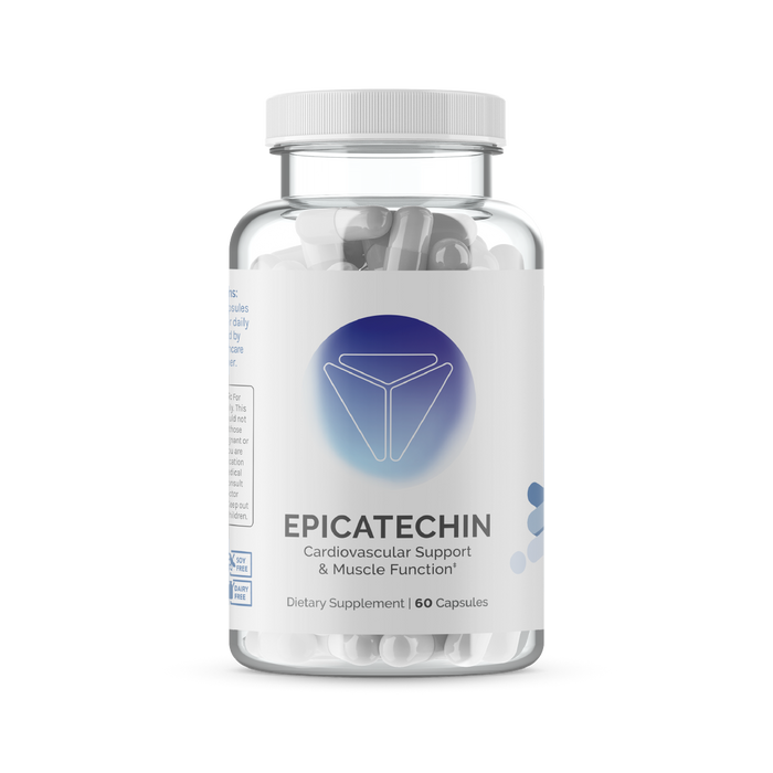 Infiniwell Epicatechin cardiovascular and muscle function supplement bottle with 60 capsules, transparent background