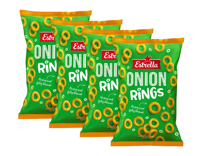 Estrella Onion Rings 4 × 200g (4 × 7.05 oz) – Authentic Swedish Crispy Onion-Flavored Corn Snacks