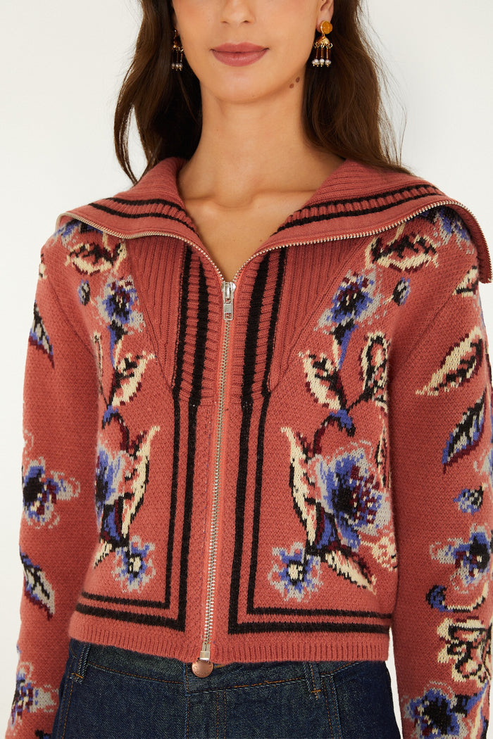 FLORAL BEAUTY TAPESTRY BLUSH PINK KNIT CARDIGAN