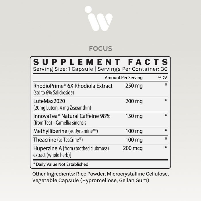 Supplement Facts panel for InfiniWell Focus Complete Nootropic dietary supplement showing serving size, active ingredients, and other ingredients.